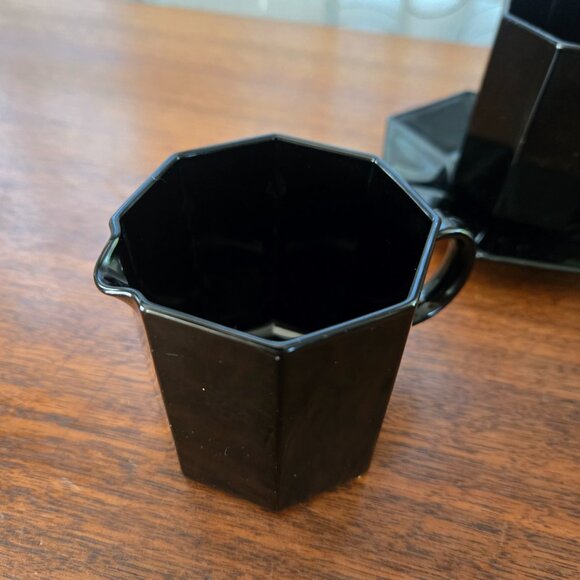 VTG Black Arcoroc Octime France 2 Cups 2 Saucers and Creamer Tempered Glass - Picture 13 of 14